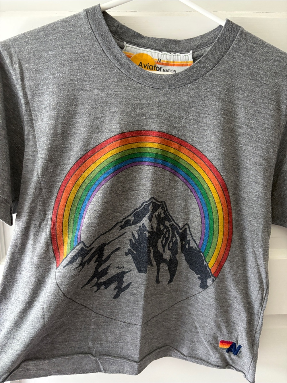 Aviator Nation Gray Tee with Rainbow Mountain Graphic